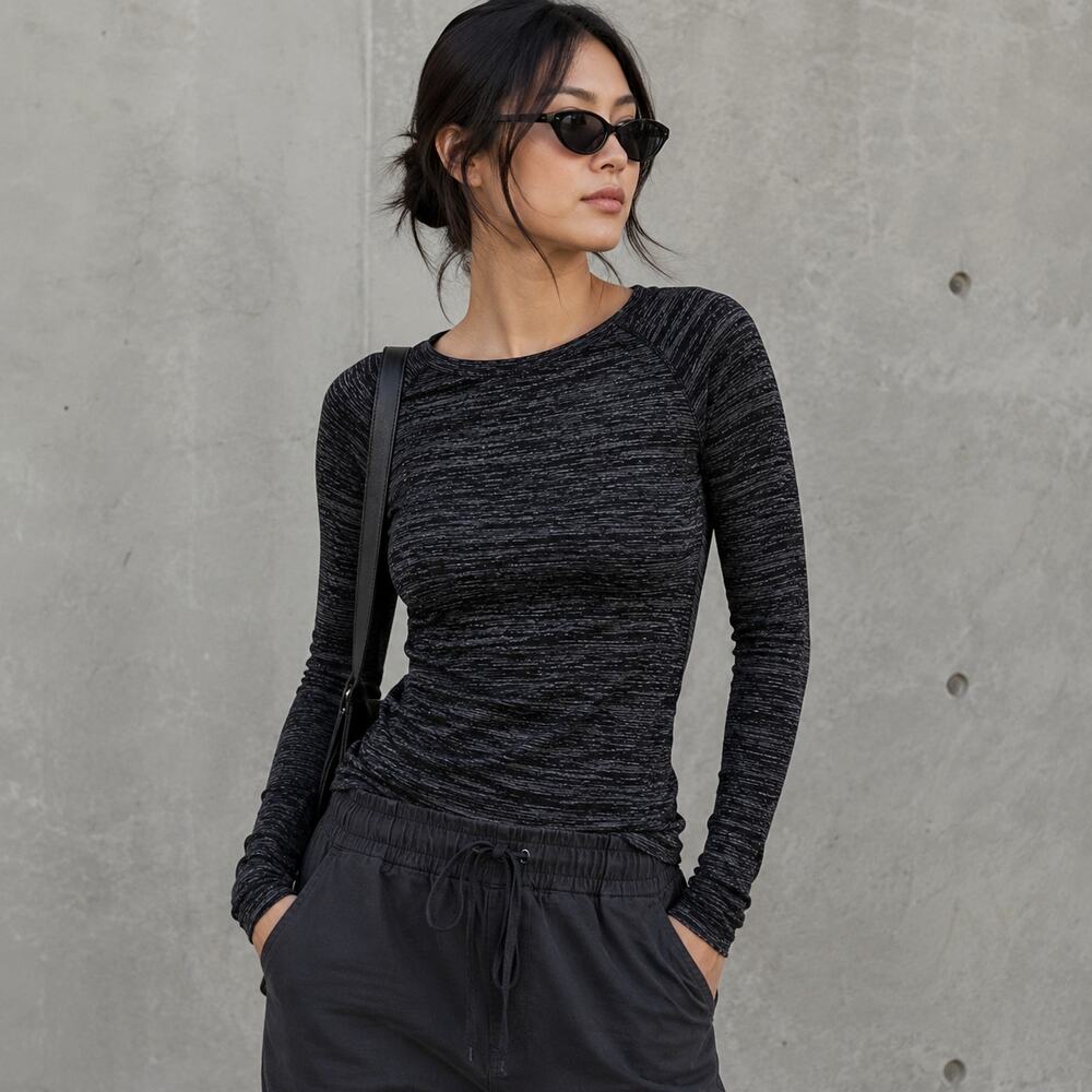 Rag & Bone Giada Long Sleeve Slub Knit Tee - Rayon Blend  - Black/Gray - Size S - Picture 2 of 5